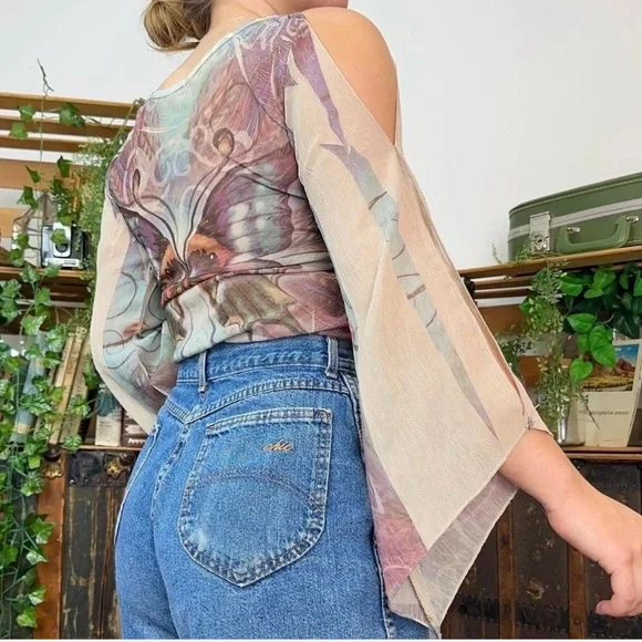 Y2K Butterfly Sleeve Semi sheer rainbow monarch blouse - Picture 2 of 3